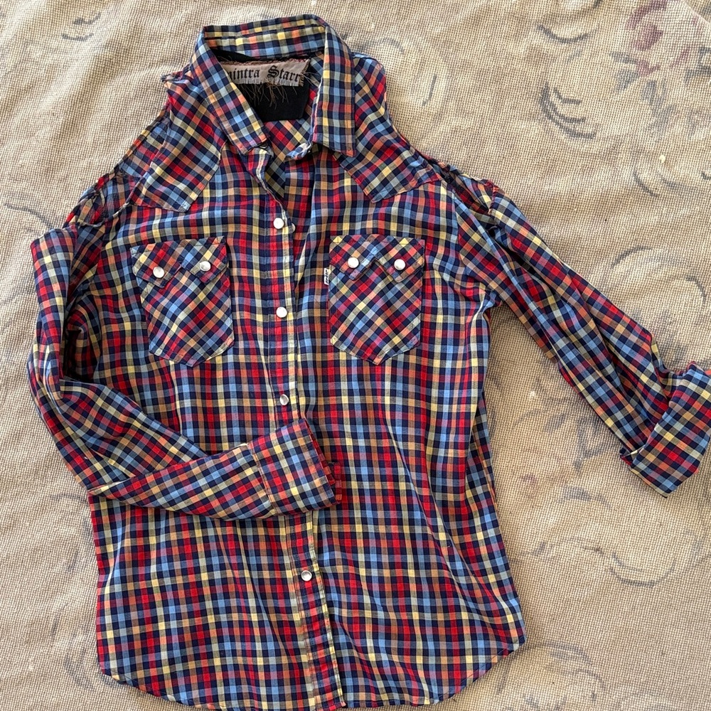 Plaid Levi Shirt - Multicolor made for me with  cut out shoulders . Super cute
